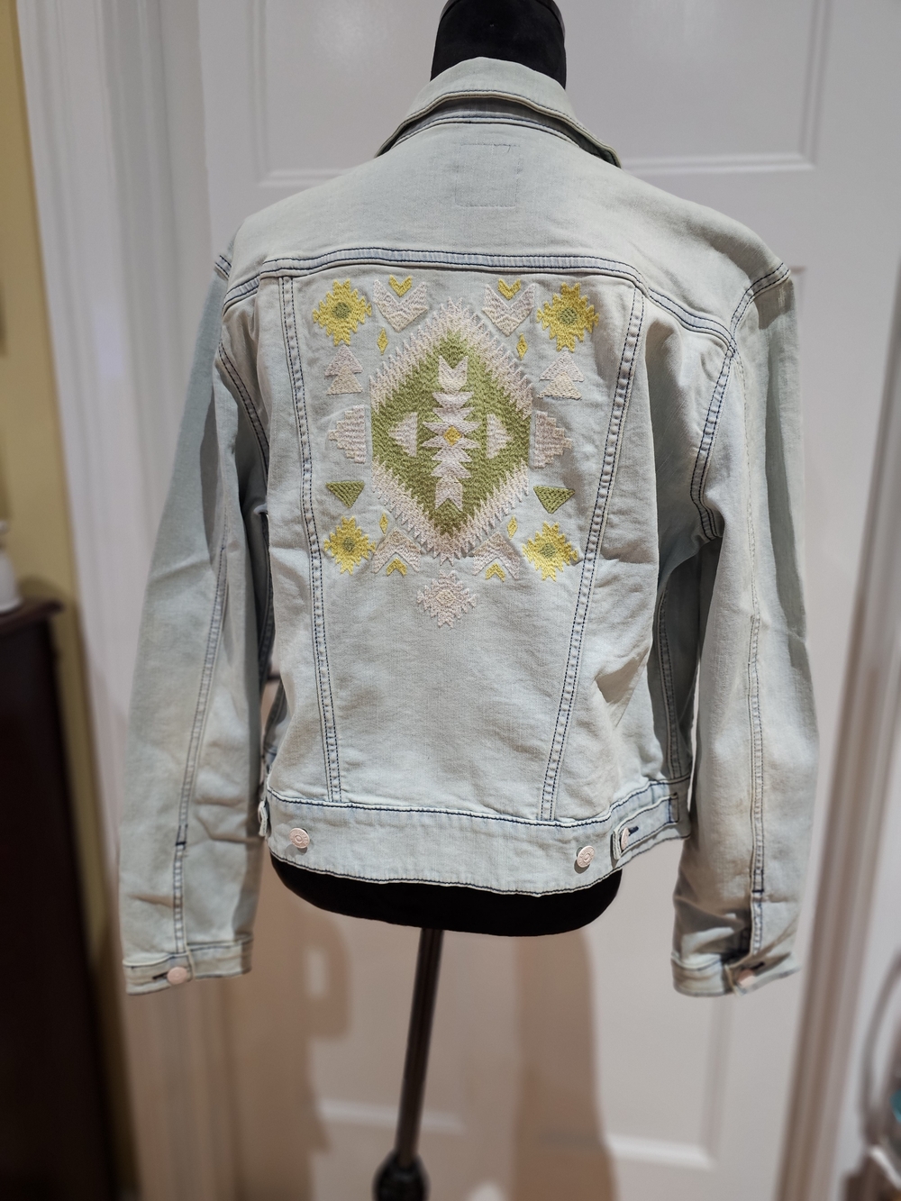 LuLaRoe Light Blue Denim Jacket with Yellow & Green Embroidery